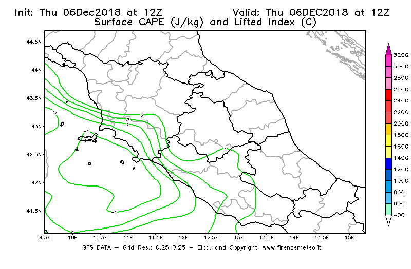 Mappa di analisi GFS - CAPE [J/kg] e Lifted Index [°C] in Centro-Italia
							del 06/12/2018 12 <!--googleoff: index-->UTC<!--googleon: index-->