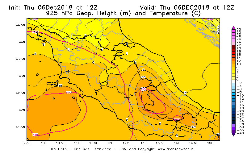 Mappa di analisi GFS - Geopotenziale [m] e Temperatura [°C] a 925 hPa in Centro-Italia
							del 06/12/2018 12 <!--googleoff: index-->UTC<!--googleon: index-->