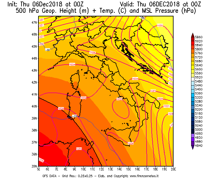 Mappa di analisi GFS - Geopotenziale [m] + Temp. [°C] a 500 hPa + Press. a livello del mare [hPa] in Italia
							del 06/12/2018 00 <!--googleoff: index-->UTC<!--googleon: index-->