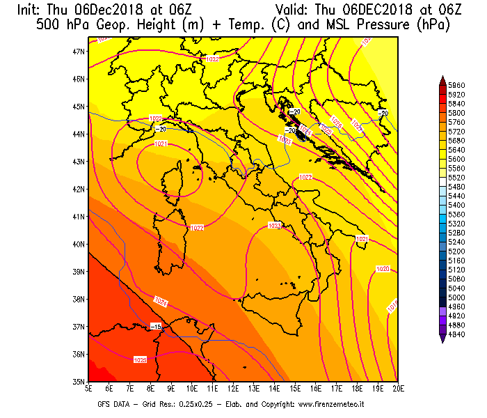 Mappa di analisi GFS - Geopotenziale [m] + Temp. [°C] a 500 hPa + Press. a livello del mare [hPa] in Italia
							del 06/12/2018 06 <!--googleoff: index-->UTC<!--googleon: index-->
