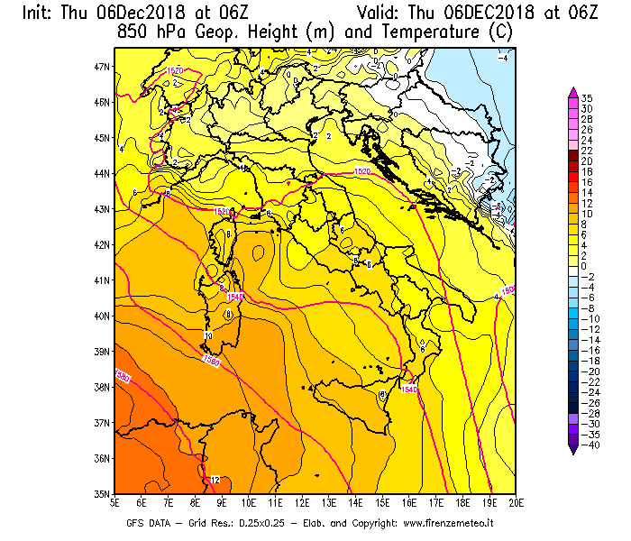 Mappa di analisi GFS - Geopotenziale [m] e Temperatura [°C] a 850 hPa in Italia
							del 06/12/2018 06 <!--googleoff: index-->UTC<!--googleon: index-->