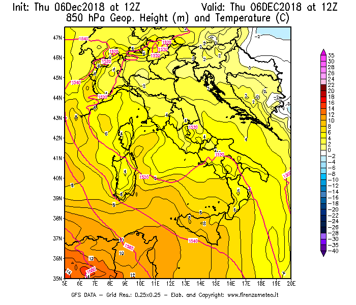 Mappa di analisi GFS - Geopotenziale [m] e Temperatura [°C] a 850 hPa in Italia
							del 06/12/2018 12 <!--googleoff: index-->UTC<!--googleon: index-->