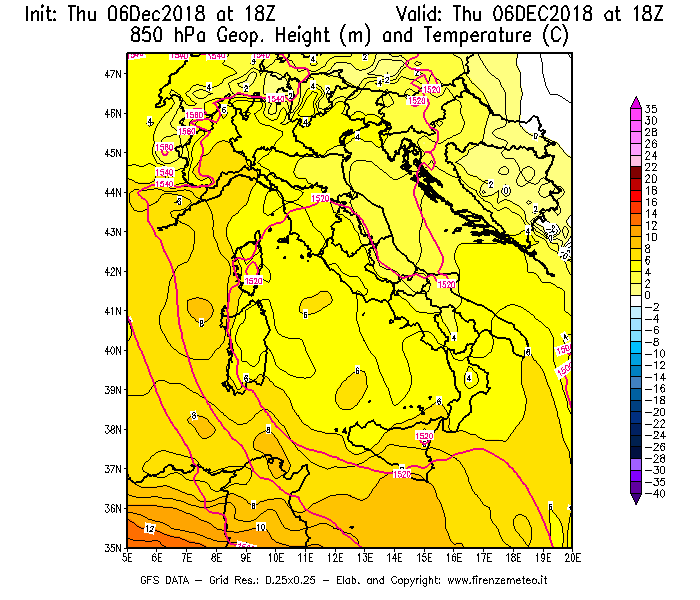 Mappa di analisi GFS - Geopotenziale [m] e Temperatura [°C] a 850 hPa in Italia
							del 06/12/2018 18 <!--googleoff: index-->UTC<!--googleon: index-->