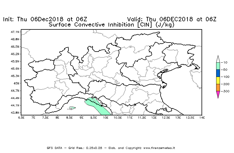 Mappa di analisi GFS - CIN [J/kg] in Nord-Italia
							del 06/12/2018 06 <!--googleoff: index-->UTC<!--googleon: index-->