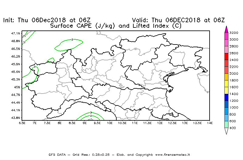 Mappa di analisi GFS - CAPE [J/kg] e Lifted Index [°C] in Nord-Italia
							del 06/12/2018 06 <!--googleoff: index-->UTC<!--googleon: index-->