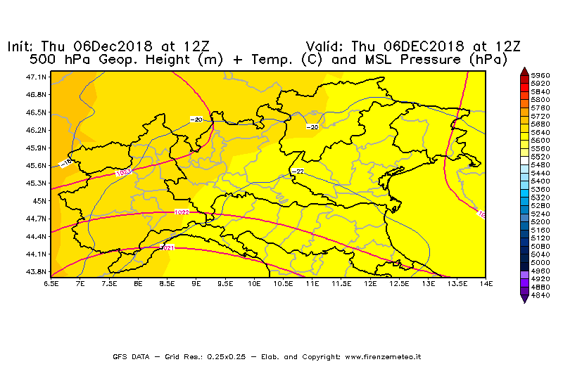 Mappa di analisi GFS - Geopotenziale [m] + Temp. [°C] a 500 hPa + Press. a livello del mare [hPa] in Nord-Italia
							del 06/12/2018 12 <!--googleoff: index-->UTC<!--googleon: index-->