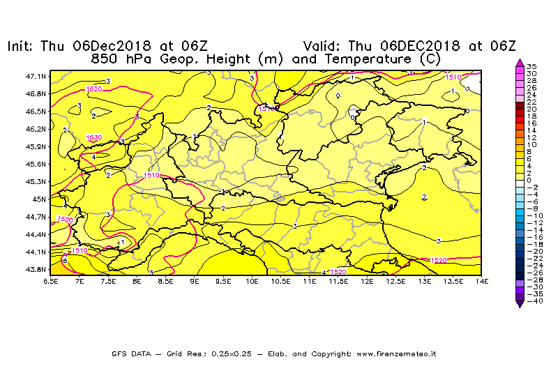 Mappa di analisi GFS - Geopotenziale [m] e Temperatura [°C] a 850 hPa in Nord-Italia
							del 06/12/2018 06 <!--googleoff: index-->UTC<!--googleon: index-->