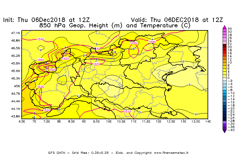 Mappa di analisi GFS - Geopotenziale [m] e Temperatura [°C] a 850 hPa in Nord-Italia
							del 06/12/2018 12 <!--googleoff: index-->UTC<!--googleon: index-->