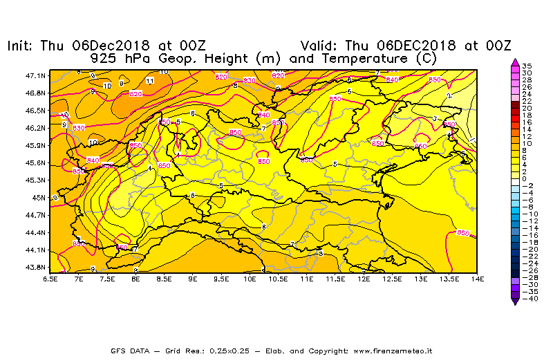 Mappa di analisi GFS - Geopotenziale [m] e Temperatura [°C] a 925 hPa in Nord-Italia
							del 06/12/2018 00 <!--googleoff: index-->UTC<!--googleon: index-->