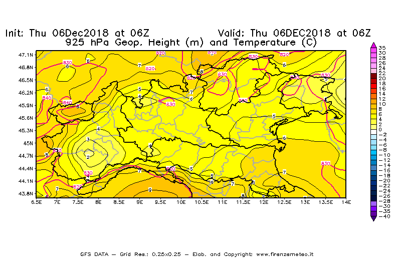 Mappa di analisi GFS - Geopotenziale [m] e Temperatura [°C] a 925 hPa in Nord-Italia
							del 06/12/2018 06 <!--googleoff: index-->UTC<!--googleon: index-->