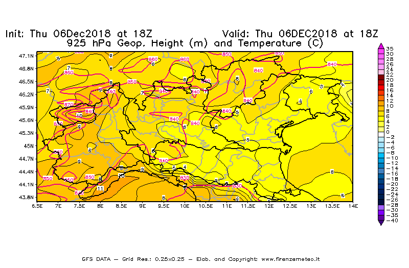 Mappa di analisi GFS - Geopotenziale [m] e Temperatura [°C] a 925 hPa in Nord-Italia
							del 06/12/2018 18 <!--googleoff: index-->UTC<!--googleon: index-->