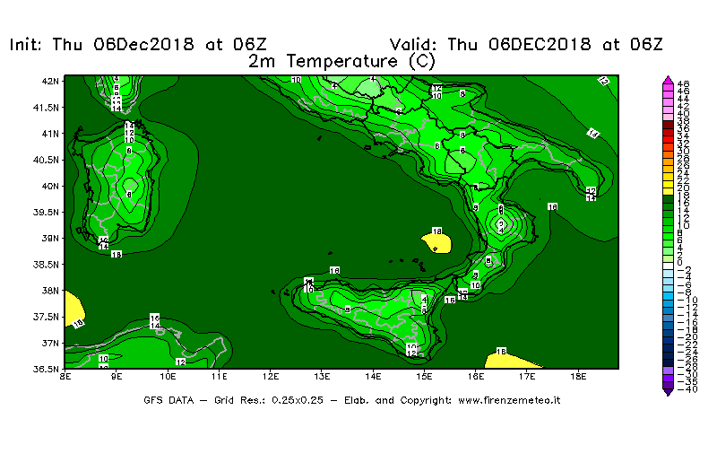 Mappa di analisi GFS - Temperatura a 2 metri dal suolo [°C] in Sud-Italia
							del 06/12/2018 06 <!--googleoff: index-->UTC<!--googleon: index-->