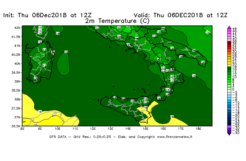 Mappa di analisi GFS - Temperatura a 2 metri dal suolo [°C] in Sud-Italia
							del 06/12/2018 12 <!--googleoff: index-->UTC<!--googleon: index-->