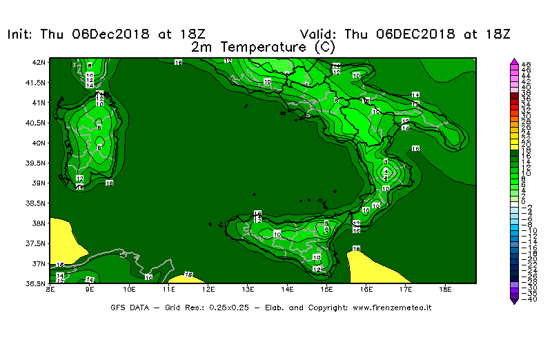 Mappa di analisi GFS - Temperatura a 2 metri dal suolo [°C] in Sud-Italia
							del 06/12/2018 18 <!--googleoff: index-->UTC<!--googleon: index-->