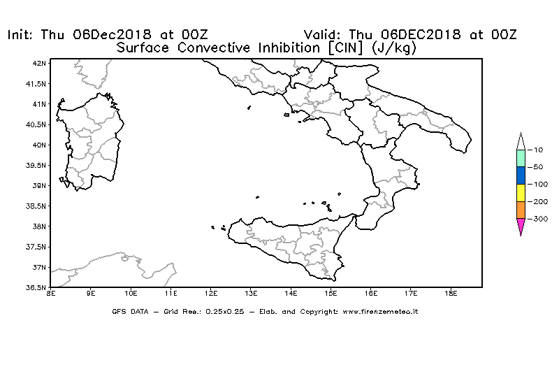 Mappa di analisi GFS - CIN [J/kg] in Sud-Italia
							del 06/12/2018 00 <!--googleoff: index-->UTC<!--googleon: index-->