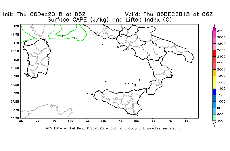Mappa di analisi GFS - CAPE [J/kg] e Lifted Index [°C] in Sud-Italia
							del 06/12/2018 06 <!--googleoff: index-->UTC<!--googleon: index-->
