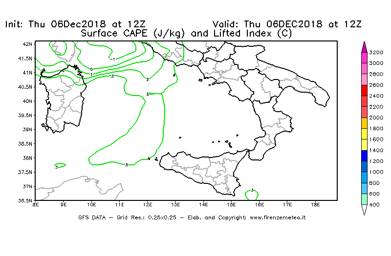 Mappa di analisi GFS - CAPE [J/kg] e Lifted Index [°C] in Sud-Italia
							del 06/12/2018 12 <!--googleoff: index-->UTC<!--googleon: index-->