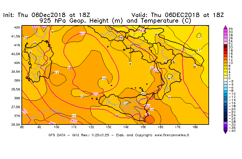 Mappa di analisi GFS - Geopotenziale [m] e Temperatura [°C] a 925 hPa in Sud-Italia
							del 06/12/2018 18 <!--googleoff: index-->UTC<!--googleon: index-->