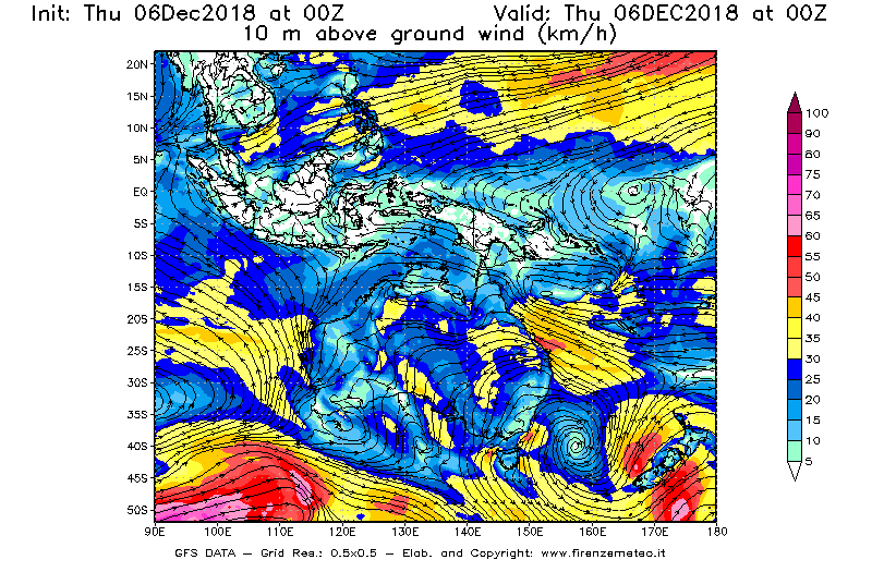 Mappa di analisi GFS - Velocità del vento a 10 metri dal suolo [km/h] in Oceania
							del 06/12/2018 00 <!--googleoff: index-->UTC<!--googleon: index-->