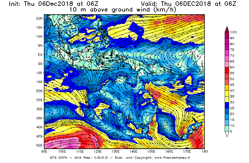 Mappa di analisi GFS - Velocità del vento a 10 metri dal suolo [km/h] in Oceania
							del 06/12/2018 06 <!--googleoff: index-->UTC<!--googleon: index-->