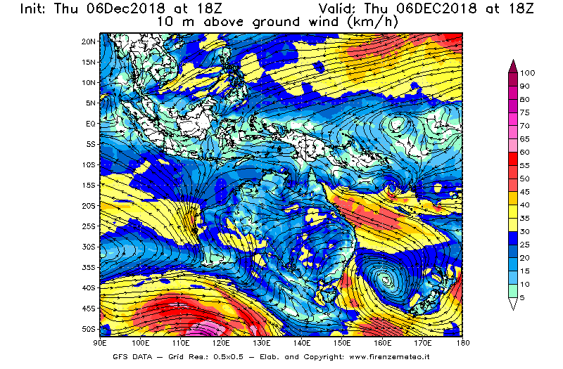 Mappa di analisi GFS - Velocità del vento a 10 metri dal suolo [km/h] in Oceania
							del 06/12/2018 18 <!--googleoff: index-->UTC<!--googleon: index-->