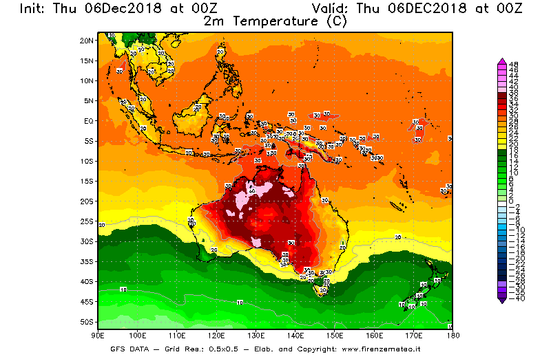 Mappa di analisi GFS - Temperatura a 2 metri dal suolo [°C] in Oceania
							del 06/12/2018 00 <!--googleoff: index-->UTC<!--googleon: index-->