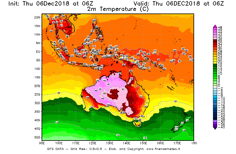 Mappa di analisi GFS - Temperatura a 2 metri dal suolo [°C] in Oceania
							del 06/12/2018 06 <!--googleoff: index-->UTC<!--googleon: index-->