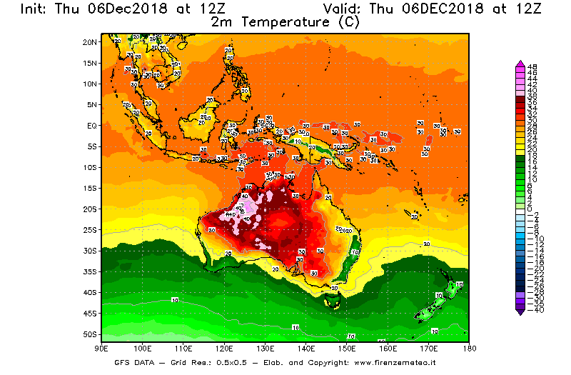 Mappa di analisi GFS - Temperatura a 2 metri dal suolo [°C] in Oceania
							del 06/12/2018 12 <!--googleoff: index-->UTC<!--googleon: index-->