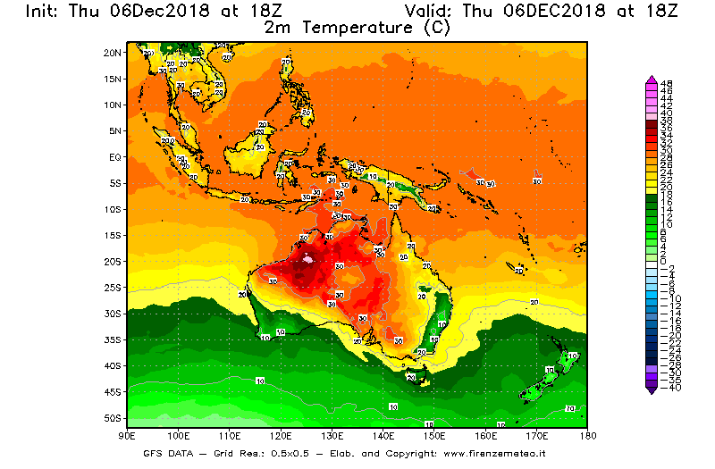 Mappa di analisi GFS - Temperatura a 2 metri dal suolo [°C] in Oceania
							del 06/12/2018 18 <!--googleoff: index-->UTC<!--googleon: index-->