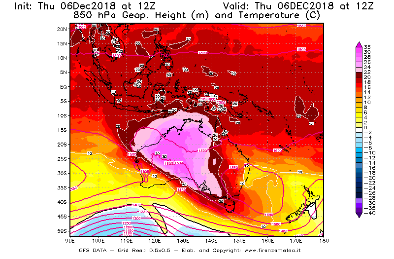Mappa di analisi GFS - Geopotenziale [m] e Temperatura [°C] a 850 hPa in Oceania
							del 06/12/2018 12 <!--googleoff: index-->UTC<!--googleon: index-->