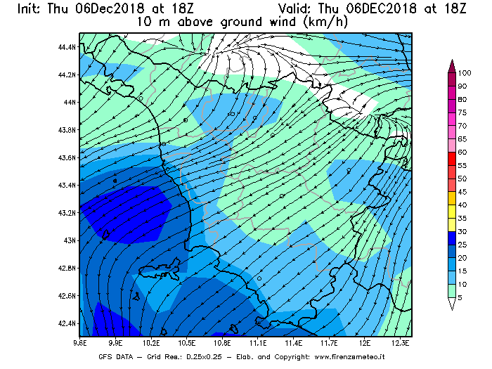 Mappa di analisi GFS - Velocità del vento a 10 metri dal suolo [km/h] in Toscana
							del 06/12/2018 18 <!--googleoff: index-->UTC<!--googleon: index-->
