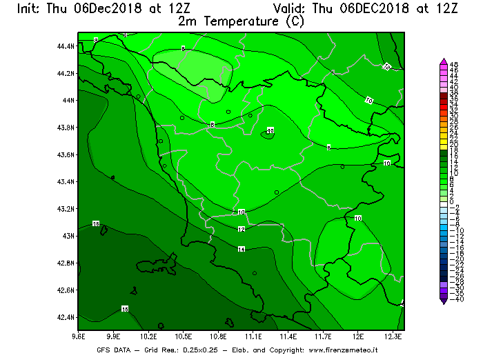 Mappa di analisi GFS - Temperatura a 2 metri dal suolo [°C] in Toscana
							del 06/12/2018 12 <!--googleoff: index-->UTC<!--googleon: index-->