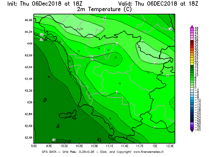Mappa di analisi GFS - Temperatura a 2 metri dal suolo [°C] in Toscana
							del 06/12/2018 18 <!--googleoff: index-->UTC<!--googleon: index-->