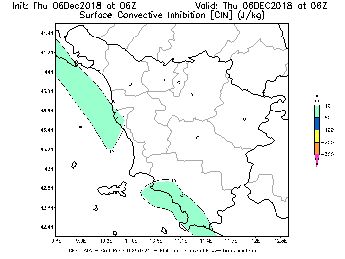 Mappa di analisi GFS - CIN [J/kg] in Toscana
							del 06/12/2018 06 <!--googleoff: index-->UTC<!--googleon: index-->