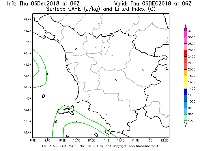 Mappa di analisi GFS - CAPE [J/kg] e Lifted Index [°C] in Toscana
							del 06/12/2018 06 <!--googleoff: index-->UTC<!--googleon: index-->