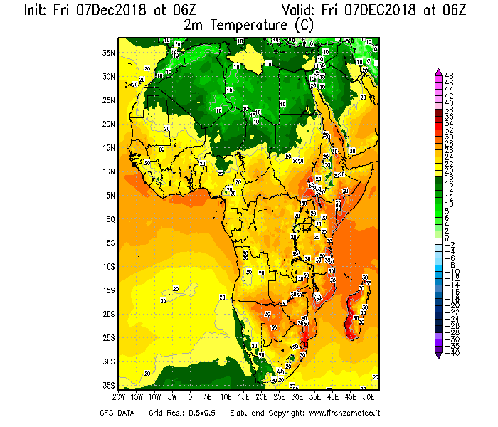 Mappa di analisi GFS - Temperatura a 2 metri dal suolo [°C] in Africa
							del 07/12/2018 06 <!--googleoff: index-->UTC<!--googleon: index-->