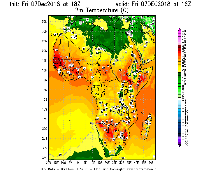 Mappa di analisi GFS - Temperatura a 2 metri dal suolo [°C] in Africa
							del 07/12/2018 18 <!--googleoff: index-->UTC<!--googleon: index-->
