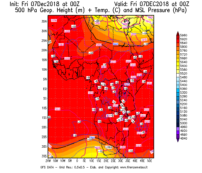 Mappa di analisi GFS - Geopotenziale [m] + Temp. [°C] a 500 hPa + Press. a livello del mare [hPa] in Africa
							del 07/12/2018 00 <!--googleoff: index-->UTC<!--googleon: index-->