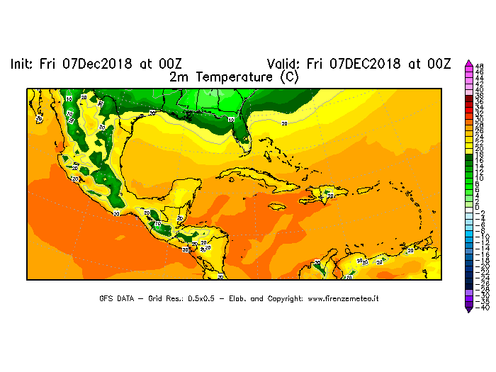 Mappa di analisi GFS - Temperatura a 2 metri dal suolo [°C] in Centro-America
							del 07/12/2018 00 <!--googleoff: index-->UTC<!--googleon: index-->