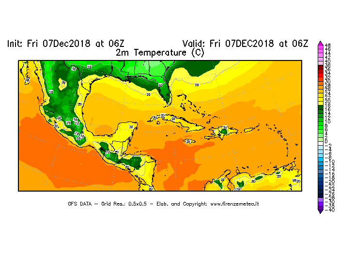 Mappa di analisi GFS - Temperatura a 2 metri dal suolo [°C] in Centro-America
							del 07/12/2018 06 <!--googleoff: index-->UTC<!--googleon: index-->