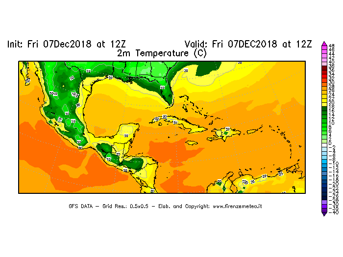 Mappa di analisi GFS - Temperatura a 2 metri dal suolo [°C] in Centro-America
							del 07/12/2018 12 <!--googleoff: index-->UTC<!--googleon: index-->