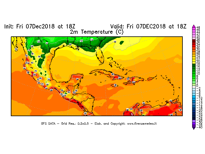 Mappa di analisi GFS - Temperatura a 2 metri dal suolo [°C] in Centro-America
							del 07/12/2018 18 <!--googleoff: index-->UTC<!--googleon: index-->