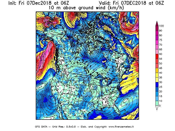 Mappa di analisi GFS - Velocità del vento a 10 metri dal suolo [km/h] in Nord-America
							del 07/12/2018 06 <!--googleoff: index-->UTC<!--googleon: index-->