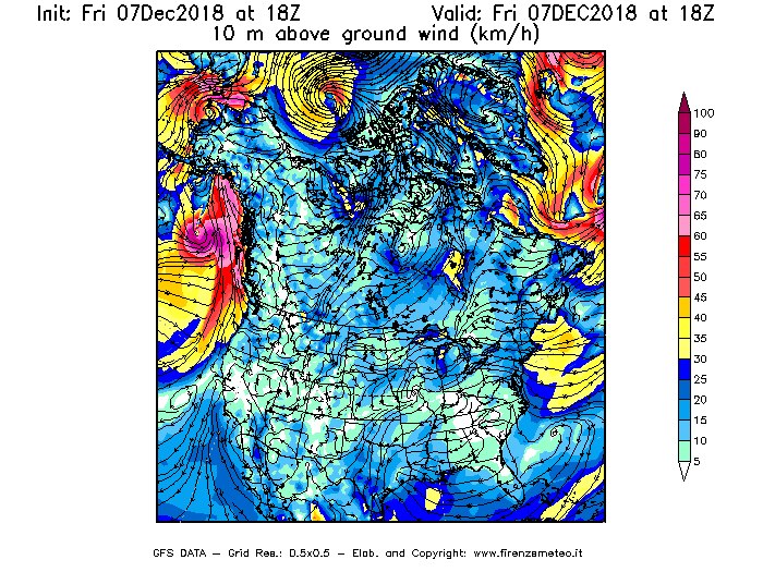 Mappa di analisi GFS - Velocità del vento a 10 metri dal suolo [km/h] in Nord-America
							del 07/12/2018 18 <!--googleoff: index-->UTC<!--googleon: index-->