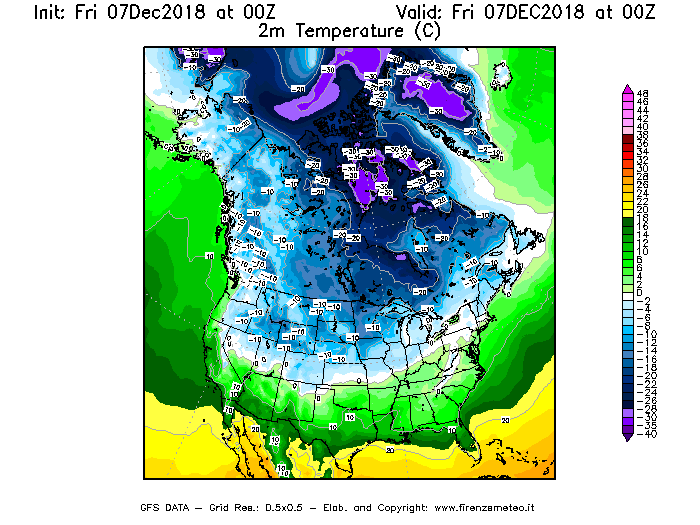 Mappa di analisi GFS - Temperatura a 2 metri dal suolo [°C] in Nord-America
							del 07/12/2018 00 <!--googleoff: index-->UTC<!--googleon: index-->