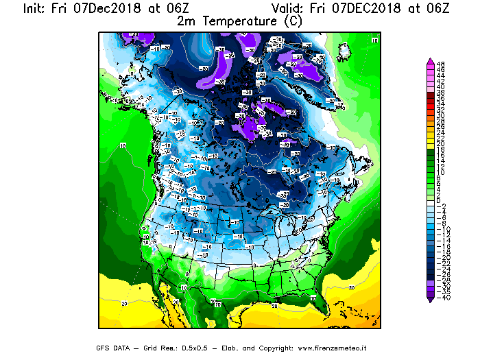 Mappa di analisi GFS - Temperatura a 2 metri dal suolo [°C] in Nord-America
							del 07/12/2018 06 <!--googleoff: index-->UTC<!--googleon: index-->