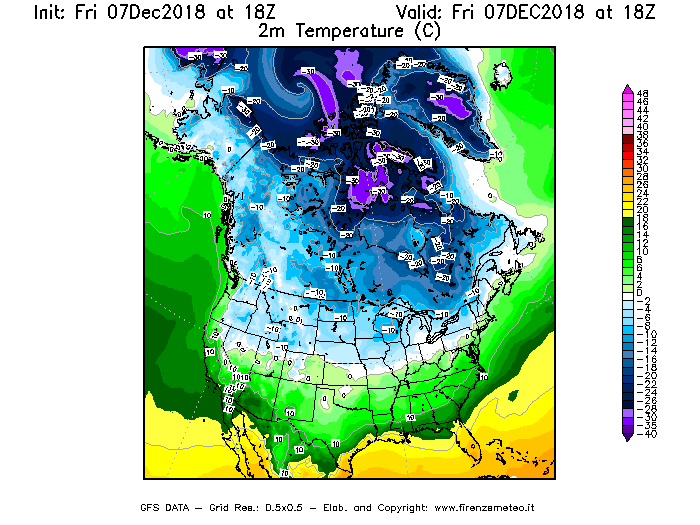 Mappa di analisi GFS - Temperatura a 2 metri dal suolo [°C] in Nord-America
							del 07/12/2018 18 <!--googleoff: index-->UTC<!--googleon: index-->