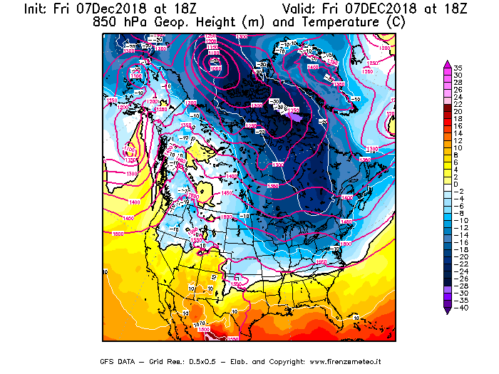 Mappa di analisi GFS - Geopotenziale [m] e Temperatura [°C] a 850 hPa in Nord-America
							del 07/12/2018 18 <!--googleoff: index-->UTC<!--googleon: index-->