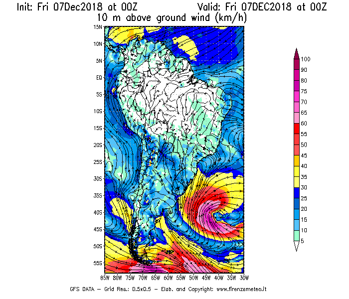 Mappa di analisi GFS - Velocità del vento a 10 metri dal suolo [km/h] in Sud-America
							del 07/12/2018 00 <!--googleoff: index-->UTC<!--googleon: index-->