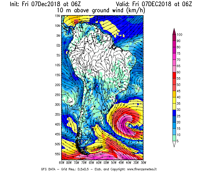 Mappa di analisi GFS - Velocità del vento a 10 metri dal suolo [km/h] in Sud-America
							del 07/12/2018 06 <!--googleoff: index-->UTC<!--googleon: index-->